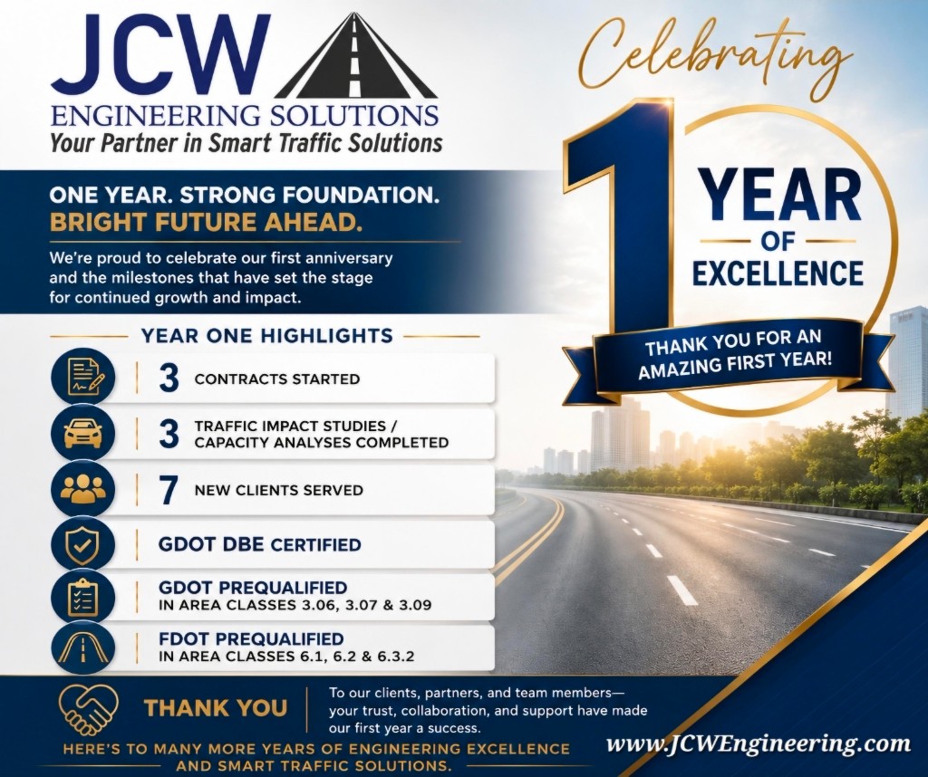 JCW Engineering Solutions first anniversary infographic: 3 contracts started, 3 traffic impact studies completed, 7 new clients served, GDOT DBE certified, GDOT prequalified in area classes 3.06, 3.07 and 3.09, and FDOT prequalified in area classes 6.1, 6.2 and 6.3.2.